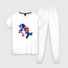 Женская пижама хлопок с принтом Sonic and Mario в Тюмени, 100% хлопок | брюки и футболка прямого кроя, без карманов, на брюках мягкая резинка на поясе и по низу штанин | nintendo | марио | нинтендо