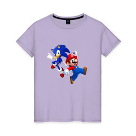 Женская футболка хлопок с принтом Sonic and Mario в Тюмени, 100% хлопок | прямой крой, круглый вырез горловины, длина до линии бедер, слегка спущенное плечо | nintendo | марио | нинтендо