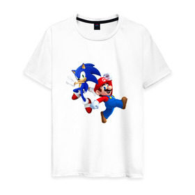 Мужская футболка хлопок с принтом Sonic and Mario в Тюмени, 100% хлопок | прямой крой, круглый вырез горловины, длина до линии бедер, слегка спущенное плечо. | nintendo | марио | нинтендо