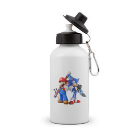 Бутылка спортивная с принтом Sonic & Mario в Тюмени, металл | емкость — 500 мл, в комплекте две пластиковые крышки и карабин для крепления | nintendo | марио | нинтендо