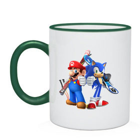Кружка двухцветная с принтом Sonic & Mario в Тюмени, керамика | объем — 330 мл, диаметр — 80 мм. Цветная ручка и кайма сверху, в некоторых цветах — вся внутренняя часть | nintendo | марио | нинтендо