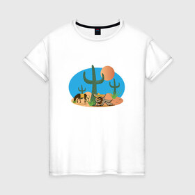 Женская футболка хлопок с принтом Мексиканский пейзаж в Тюмени, 100% хлопок | прямой крой, круглый вырез горловины, длина до линии бедер, слегка спущенное плечо | Тематика изображения на принте: кактус | мексика | мексиканский пейзажпейзаж