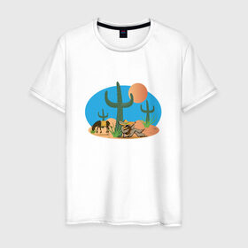 Мужская футболка хлопок с принтом Мексиканский пейзаж в Тюмени, 100% хлопок | прямой крой, круглый вырез горловины, длина до линии бедер, слегка спущенное плечо. | Тематика изображения на принте: кактус | мексика | мексиканский пейзажпейзаж