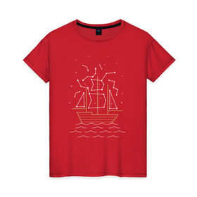 Женская футболка хлопок с принтом Звездный корабль в Тюмени, 100% хлопок | прямой крой, круглый вырез горловины, длина до линии бедер, слегка спущенное плечо | волны | звезды | корабль | море | паруса | созвездия