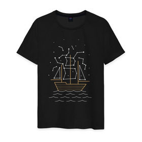 Мужская футболка хлопок с принтом Звездный корабль в Тюмени, 100% хлопок | прямой крой, круглый вырез горловины, длина до линии бедер, слегка спущенное плечо. | волны | звезды | корабль | море | паруса | созвездия