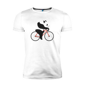 Мужская футболка премиум с принтом Панда на велосипеде в Тюмени, 92% хлопок, 8% лайкра | приталенный силуэт, круглый вырез ворота, длина до линии бедра, короткий рукав | панда