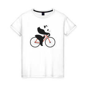 Женская футболка хлопок с принтом Панда на велосипеде в Тюмени, 100% хлопок | прямой крой, круглый вырез горловины, длина до линии бедер, слегка спущенное плечо | панда