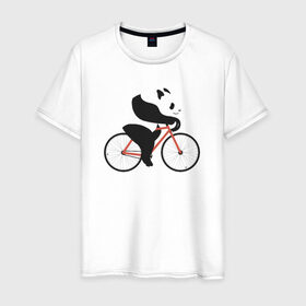 Мужская футболка хлопок с принтом Панда на велосипеде в Тюмени, 100% хлопок | прямой крой, круглый вырез горловины, длина до линии бедер, слегка спущенное плечо. | панда