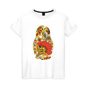 Женская футболка хлопок с принтом Матрёшка хохлома в Тюмени, 100% хлопок | прямой крой, круглый вырез горловины, длина до линии бедер, слегка спущенное плечо | матрёшка | матрёшка хохломахохлома | орнамент | узор