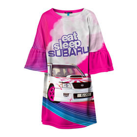 Детское платье 3D с принтом Subaru в Тюмени, 100% полиэстер | прямой силуэт, чуть расширенный к низу. Круглая горловина, на рукавах — воланы | Тематика изображения на принте: drag | eat | ej20 | forester | jdm | rainbow | sf5 | sleep | subaru | субару | супердрифтбитва | форестер