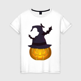 Женская футболка хлопок с принтом Тыква в колпаке в Тюмени, 100% хлопок | прямой крой, круглый вырез горловины, длина до линии бедер, слегка спущенное плечо | halloween | колпак | мистика | тыква | ужас | хеллоуин