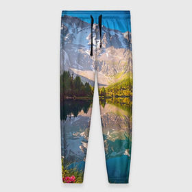Женские брюки 3D с принтом Природа в Тюмени, полиэстер 100% | прямой крой, два кармана без застежек по бокам, с мягкой трикотажной резинкой на поясе и по низу штанин. В поясе для дополнительного комфорта — широкие завязки | горы | облака | озеро | пейзаж