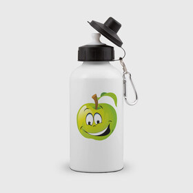 Бутылка спортивная с принтом Яблоко в Тюмени, металл | емкость — 500 мл, в комплекте две пластиковые крышки и карабин для крепления | смайлик | улыбка | фрукты | яблоко | яблокосмайл