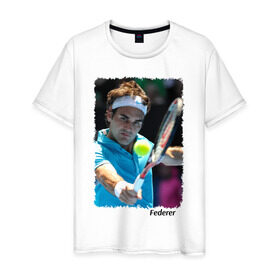 Мужская футболка хлопок с принтом Роджер Федерер в Тюмени, 100% хлопок | прямой крой, круглый вырез горловины, длина до линии бедер, слегка спущенное плечо. | Тематика изображения на принте: roger federer | роджер федерер | теннис | чампион