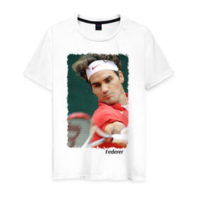 Мужская футболка хлопок с принтом Роджер Федерер в Тюмени, 100% хлопок | прямой крой, круглый вырез горловины, длина до линии бедер, слегка спущенное плечо. | roger federer | роджер федерер | теннис | чемпион