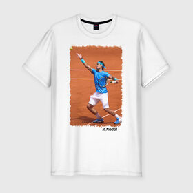 Мужская футболка премиум с принтом Рафаэль Надаль (подача) в Тюмени, 92% хлопок, 8% лайкра | приталенный силуэт, круглый вырез ворота, длина до линии бедра, короткий рукав | rafael nadal | рафаэль надаль | теннис | чемпион
