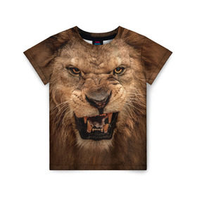 Детская футболка 3D с принтом Лев в Тюмени, 100% гипоаллергенный полиэфир | прямой крой, круглый вырез горловины, длина до линии бедер, чуть спущенное плечо, ткань немного тянется | Тематика изображения на принте: животные | злой лев | зубы | лев | оскал
