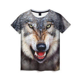 Женская футболка 3D с принтом Волк в Тюмени, 100% полиэфир ( синтетическое хлопкоподобное полотно) | прямой крой, круглый вырез горловины, длина до линии бедер | волк | животные | злой волк | зубы | оскал