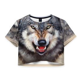 Женская футболка 3D укороченная с принтом Волк в Тюмени, 100% полиэстер | круглая горловина, длина футболки до линии талии, рукава с отворотами | волк | животные | злой волк | зубы | оскал