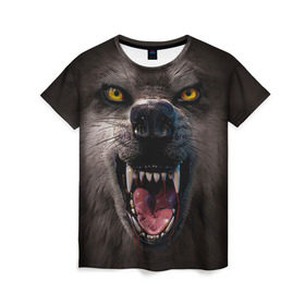 Женская футболка 3D с принтом Злой волк в Тюмени, 100% полиэфир ( синтетическое хлопкоподобное полотно) | прямой крой, круглый вырез горловины, длина до линии бедер | волк | животные | злой волк | зубы | оскал