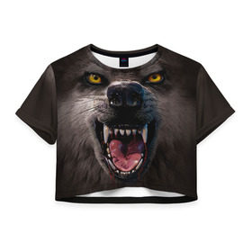 Женская футболка 3D укороченная с принтом Злой волк в Тюмени, 100% полиэстер | круглая горловина, длина футболки до линии талии, рукава с отворотами | волк | животные | злой волк | зубы | оскал