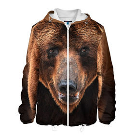 Мужская куртка 3D с принтом Медведь в Тюмени, ткань верха — 100% полиэстер, подклад — флис | прямой крой, подол и капюшон оформлены резинкой с фиксаторами, два кармана без застежек по бокам, один большой потайной карман на груди. Карман на груди застегивается на липучку | бурый | гризли | животные | медведь | мишка