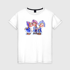 Женская футболка хлопок с принтом Снегурочки в Тюмени, 100% хлопок | прямой крой, круглый вырез горловины, длина до линии бедер, слегка спущенное плечо | 