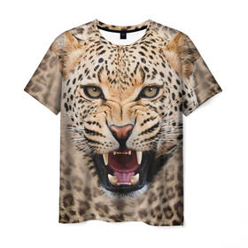 Мужская футболка 3D с принтом Леопард в Тюмени, 100% полиэфир | прямой крой, круглый вырез горловины, длина до линии бедер | животные | зубы | киса | киска | кошка | леопард | оскал