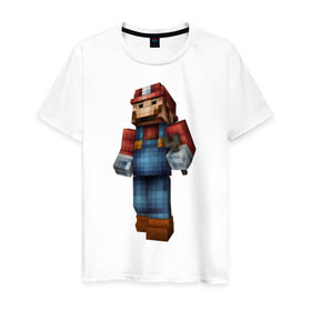 Мужская футболка хлопок с принтом Марио (Minecraft) в Тюмени, 100% хлопок | прямой крой, круглый вырез горловины, длина до линии бедер, слегка спущенное плечо. | майнкрафт