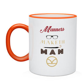 Кружка двухцветная с принтом Manners Maketh Man [Kingsman] в Тюмени, керамика | объем — 330 мл, диаметр — 80 мм. Цветная ручка и кайма сверху, в некоторых цветах — вся внутренняя часть | manners maketh man kingsman кингсмен