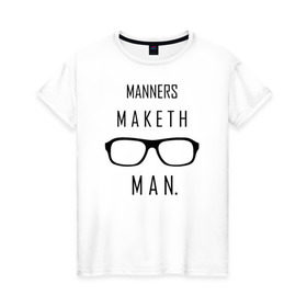 Женская футболка хлопок с принтом Kingsman Manners maketh man. в Тюмени, 100% хлопок | прямой крой, круглый вырез горловины, длина до линии бедер, слегка спущенное плечо | kingsman manners maketh man. кингсмен