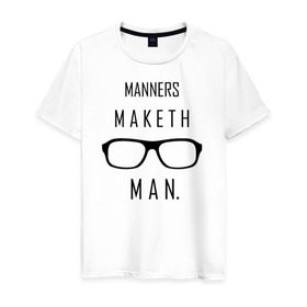 Мужская футболка хлопок с принтом Kingsman Manners maketh man. в Тюмени, 100% хлопок | прямой крой, круглый вырез горловины, длина до линии бедер, слегка спущенное плечо. | kingsman manners maketh man. кингсмен