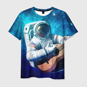 Мужская футболка 3D с принтом Космонавт с гитарой в Тюмени, 100% полиэфир | прямой крой, круглый вырез горловины, длина до линии бедер | гитара