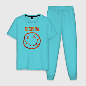 Мужская пижама хлопок с принтом Nirvana fire в Тюмени, 100% хлопок | брюки и футболка прямого кроя, без карманов, на брюках мягкая резинка на поясе и по низу штанин
 | cobain | kurt | nirvana | кобейн | курт | нирвана | рок