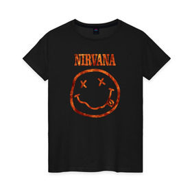 Женская футболка хлопок с принтом Nirvana fire в Тюмени, 100% хлопок | прямой крой, круглый вырез горловины, длина до линии бедер, слегка спущенное плечо | cobain | kurt | nirvana | кобейн | курт | нирвана | рок