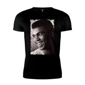 Мужская футболка премиум с принтом Мухаммед Али (Muhammad Ali) в Тюмени, 92% хлопок, 8% лайкра | приталенный силуэт, круглый вырез ворота, длина до линии бедра, короткий рукав | Тематика изображения на принте: мухаммед али