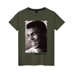 Женская футболка хлопок с принтом Мухаммед Али (Muhammad Ali) в Тюмени, 100% хлопок | прямой крой, круглый вырез горловины, длина до линии бедер, слегка спущенное плечо | мухаммед али