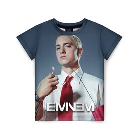Детская футболка 3D с принтом Eminem в Тюмени, 100% гипоаллергенный полиэфир | прямой крой, круглый вырез горловины, длина до линии бедер, чуть спущенное плечо, ткань немного тянется | Тематика изображения на принте: eminem | music | rap | музыка | реп | эминем
