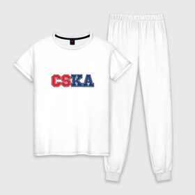 Женская пижама хлопок с принтом CSKA в Тюмени, 100% хлопок | брюки и футболка прямого кроя, без карманов, на брюках мягкая резинка на поясе и по низу штанин | 