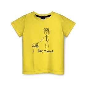 Детская футболка хлопок с принтом Я люблю поезда в Тюмени, 100% хлопок | круглый вырез горловины, полуприлегающий силуэт, длина до линии бедер | вагоны | метро | поезд | транспорт | человечек