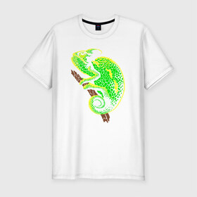 Мужская футболка премиум с принтом Кислотный Хамелеон в Тюмени, 92% хлопок, 8% лайкра | приталенный силуэт, круглый вырез ворота, длина до линии бедра, короткий рукав | амфибия | животное | кислота | хамелеон