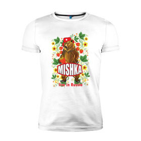 Мужская футболка премиум с принтом MISHKA в Тюмени, 92% хлопок, 8% лайкра | приталенный силуэт, круглый вырез ворота, длина до линии бедра, короткий рукав | медведь | мишка | россия | русский | хохлома | ягода