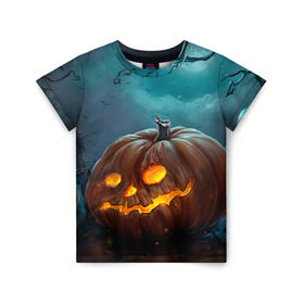 Детская футболка 3D с принтом Тыква в Тюмени, 100% гипоаллергенный полиэфир | прямой крой, круглый вырез горловины, длина до линии бедер, чуть спущенное плечо, ткань немного тянется | halloween | праздник | тыква | хэллоуин