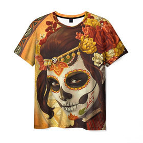 Мужская футболка 3D с принтом Девушка. Сахарный череп в Тюмени, 100% полиэфир | прямой крой, круглый вырез горловины, длина до линии бедер | halloween | девушка | праздник | сахарный череп | тыква | хэллоуин | череп