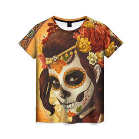 Женская футболка 3D с принтом Девушка. Сахарный череп в Тюмени, 100% полиэфир ( синтетическое хлопкоподобное полотно) | прямой крой, круглый вырез горловины, длина до линии бедер | halloween | девушка | праздник | сахарный череп | тыква | хэллоуин | череп