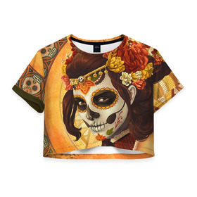 Женская футболка 3D укороченная с принтом Девушка. Сахарный череп в Тюмени, 100% полиэстер | круглая горловина, длина футболки до линии талии, рукава с отворотами | halloween | девушка | праздник | сахарный череп | тыква | хэллоуин | череп