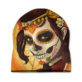 Шапка 3D с принтом Девушка. Сахарный череп в Тюмени, 100% полиэстер | универсальный размер, печать по всей поверхности изделия | halloween | девушка | праздник | сахарный череп | тыква | хэллоуин | череп