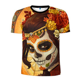 Мужская футболка 3D спортивная с принтом Девушка. Сахарный череп в Тюмени, 100% полиэстер с улучшенными характеристиками | приталенный силуэт, круглая горловина, широкие плечи, сужается к линии бедра | halloween | девушка | праздник | сахарный череп | тыква | хэллоуин | череп