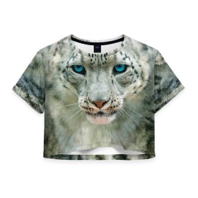 Женская футболка 3D укороченная с принтом Снежный барс в Тюмени, 100% полиэстер | круглая горловина, длина футболки до линии талии, рукава с отворотами | барс | животные | кошка | снежный барс