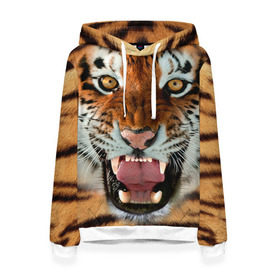 Женская толстовка 3D с принтом Тигр в Тюмени, 100% полиэстер  | двухслойный капюшон со шнурком для регулировки, мягкие манжеты на рукавах и по низу толстовки, спереди карман-кенгуру с мягким внутренним слоем. | животные | зубы | кошка | тигр